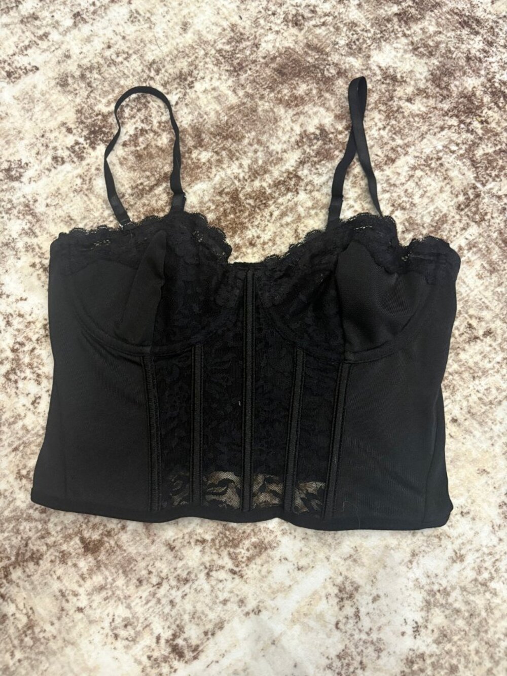 Black Lace Sheer Mesh Corset Bustier Crop Top (Size Small)
